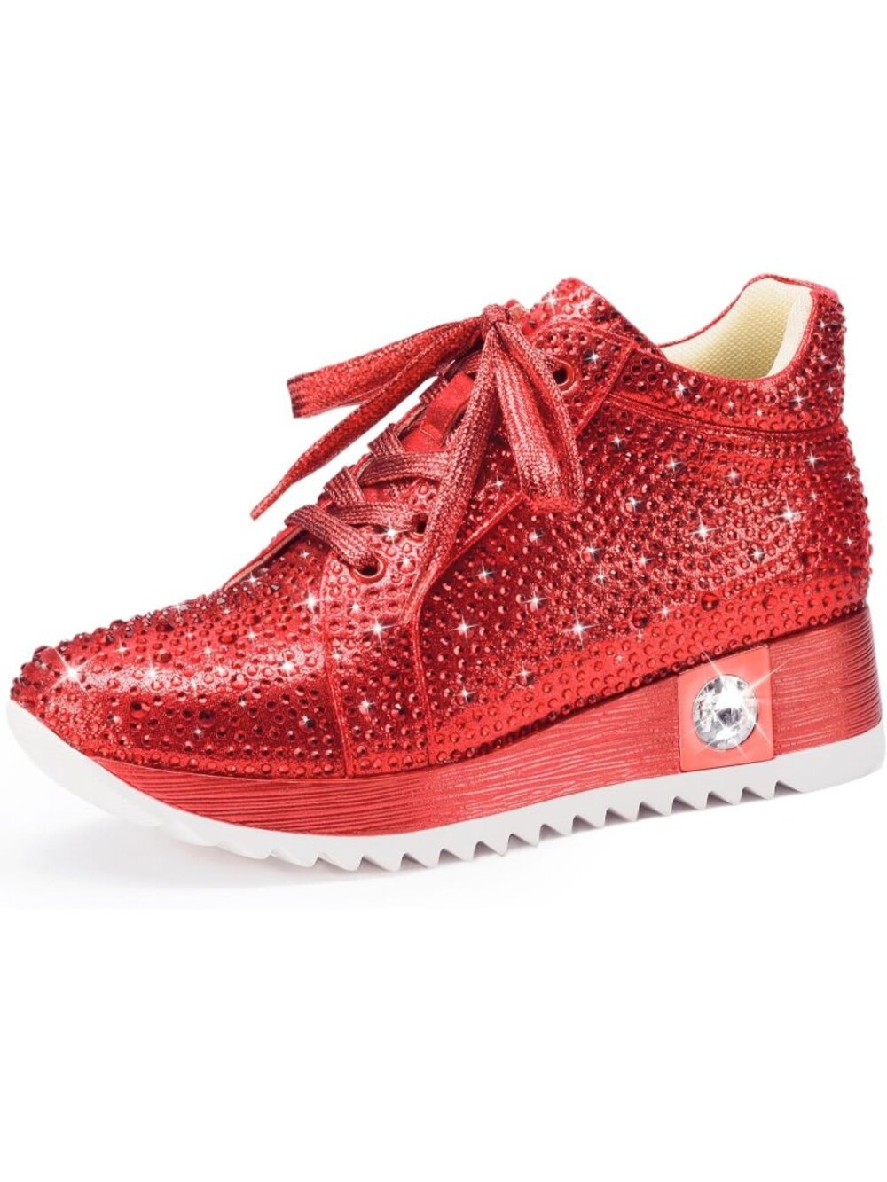 Women's Red Glitter Sneakers Platform Wedge Shoes Sparkly Rhinestone